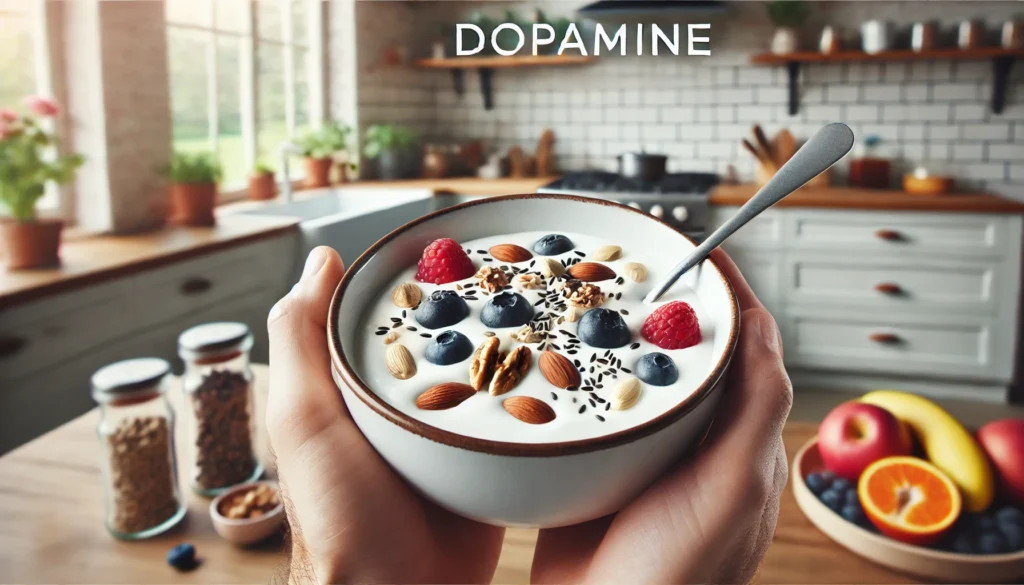 A person holding a bowl of yogurt topped with nuts, seeds, and berries in a bright kitchen with natural light, highlighting a dopamine-boosting breakfast for brain health and mental well-being."