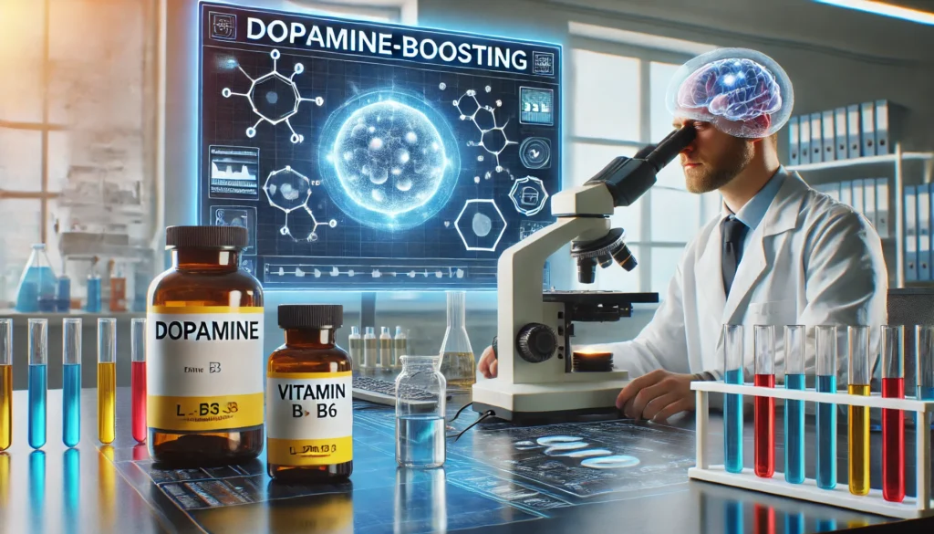 "A scientist in a laboratory analyzing dopamine-boosting supplements, such as L-Phenylalanine and Vitamin B6, using a microscope, with lab equipment and digital data screens representing neurotransmitter research."