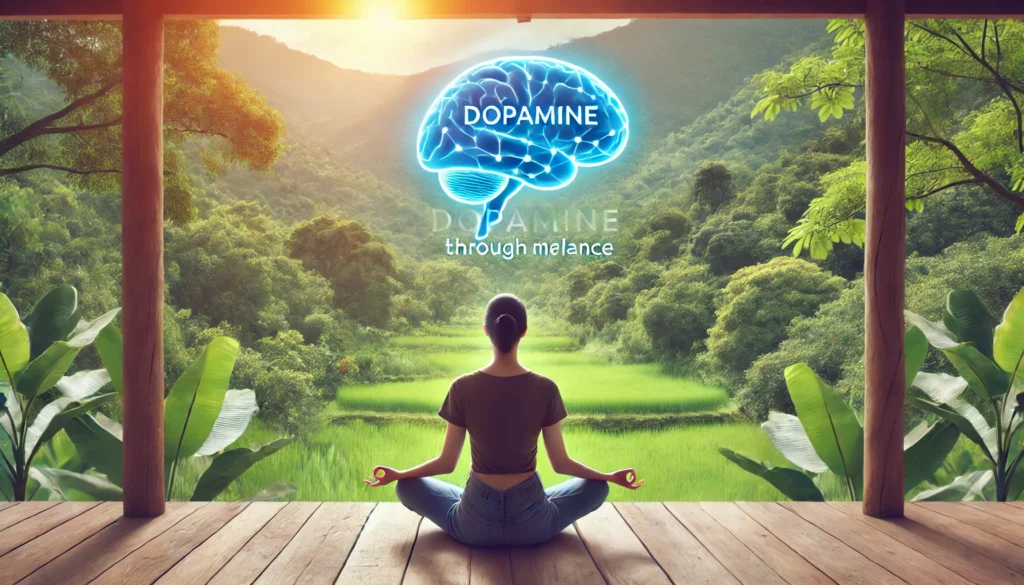 A person meditating outdoors in a peaceful natural setting with lush greenery and soft sunlight, symbolizing dopamine balance through mindfulness, stress reduction, and mental clarity."