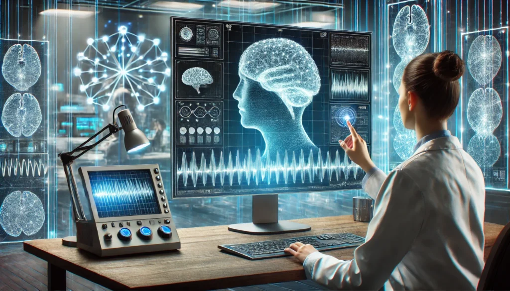 "A scientist in a cutting-edge neurotechnology lab studying brainwave activity on a holographic display, surrounded by digital neural networks and futuristic equipment, symbolizing advancements in cognitive enhancement and IQ research."