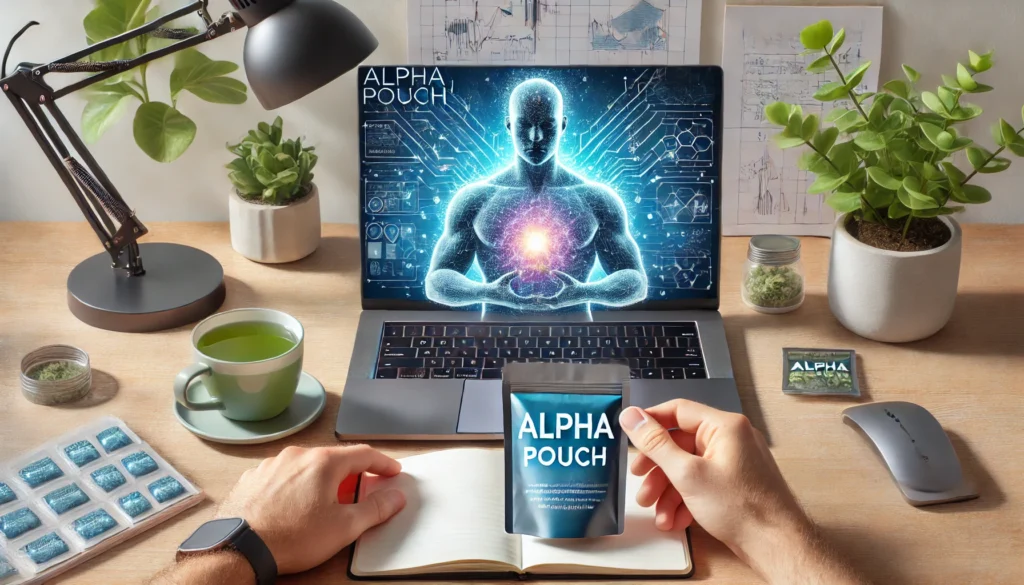 A person holding an Alpha Pouch while working on a laptop at a neatly organized desk with a cup of green tea and an open notebook, symbolizing enhanced cognitive focus and nootropic benefits."