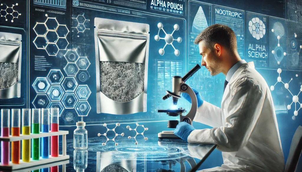 A scientist in a high-tech laboratory analyzing the ingredients of an Alpha Pouch under a microscope, with digital data screens displaying molecular structures, symbolizing nootropic research and development."