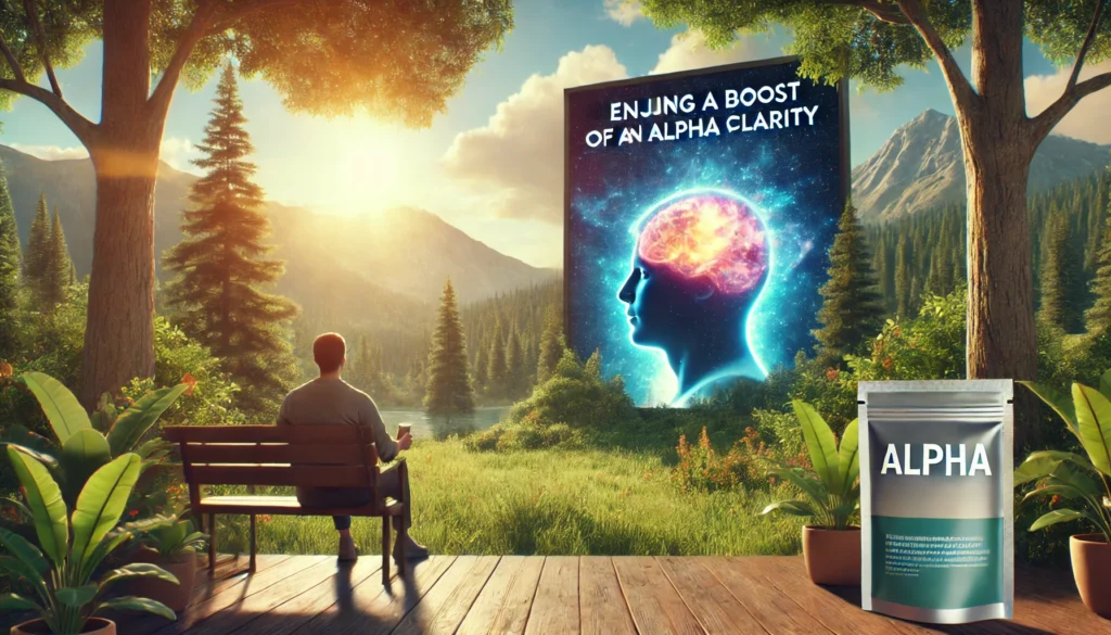 A person outdoors enjoying a boost of mental clarity after consuming an Alpha Pouch, surrounded by a serene natural environment with soft sunlight, symbolizing the cognitive and wellness benefits of nootropic pouches