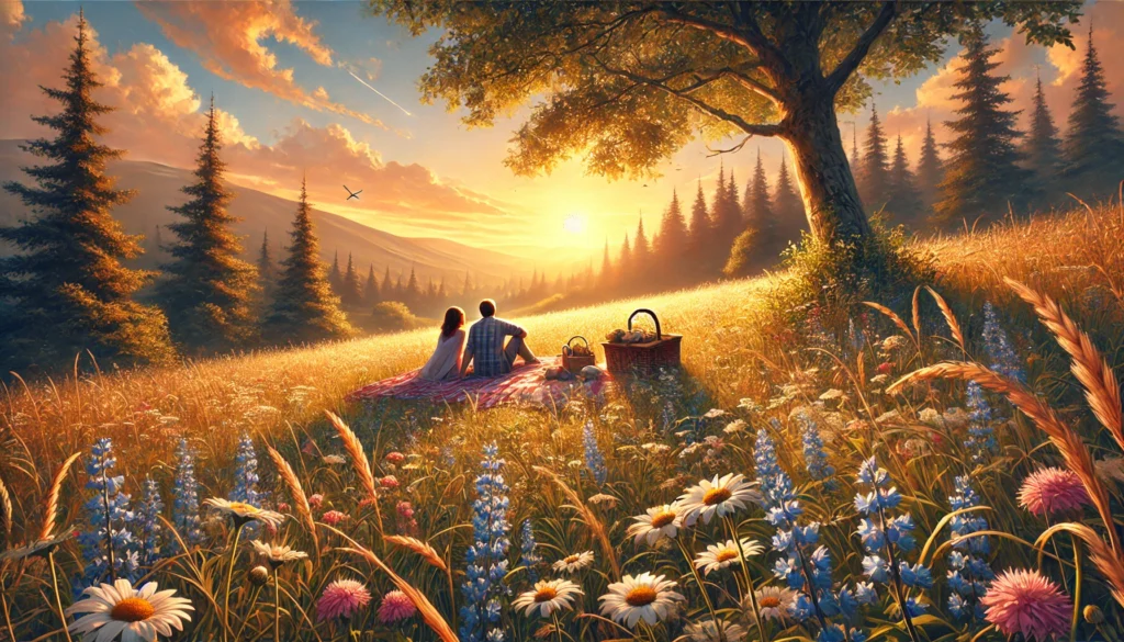 A couple enjoying a spontaneous picnic in a meadow – Highlighting the beauty of unplanned moments in nature.