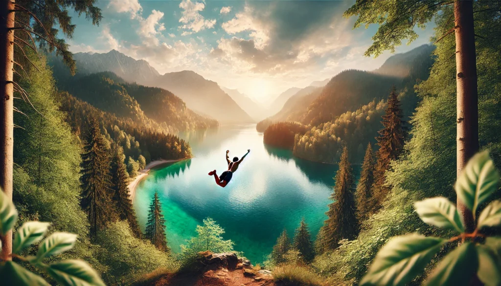 A person taking a spontaneous dive into a crystal-clear lake – Emphasizing the thrill of embracing adventure in a stunning natural setting.