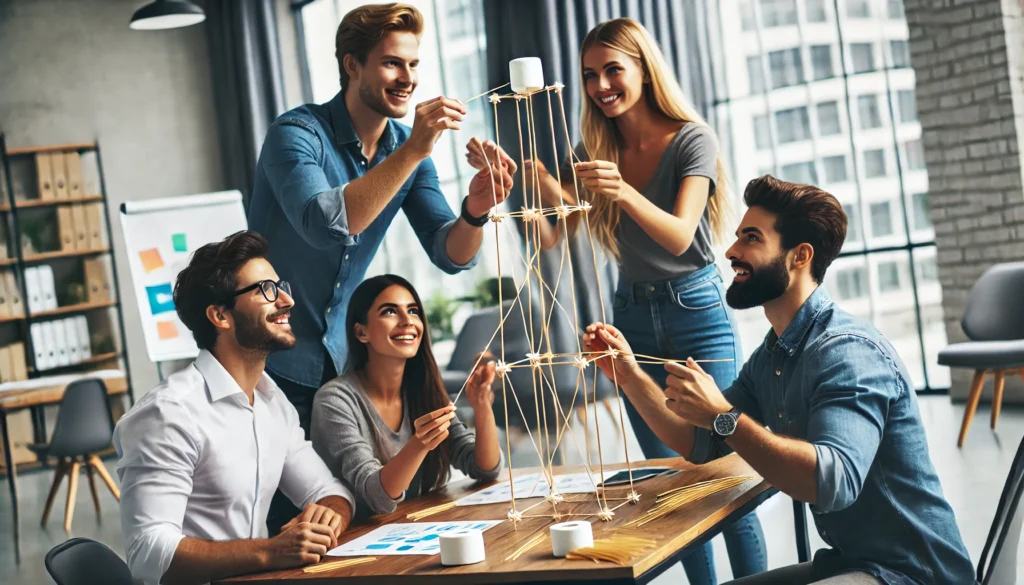 Colleagues participating in the Marshmallow Challenge, fostering creativity, collaboration, and rapid prototyping skills."