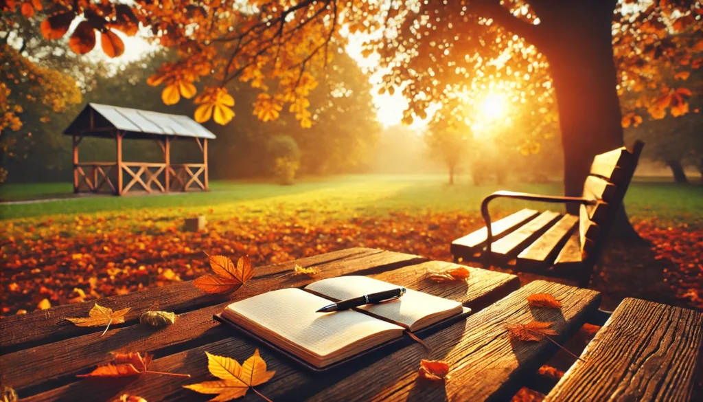 "An inspiring outdoor writing scene with a notebook and pen resting on a wooden bench under a tree. Autumn leaves and a golden sunset create a tranquil atmosphere for daily writing prompts."