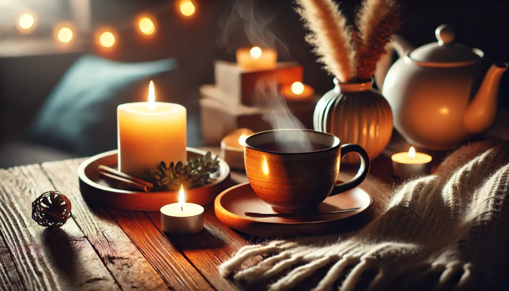 "A cozy home setting with a lit candle and a cup of tea on a wooden table, symbolizing a peaceful and calming environment with a warm, serene ambiance."