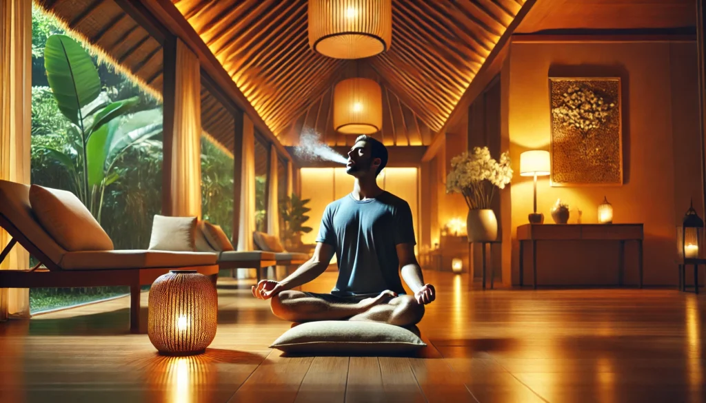 "A person practicing deep breathing exercises in a tranquil indoor setting, sitting on a cushion with a relaxed posture and surrounded by soft lighting."