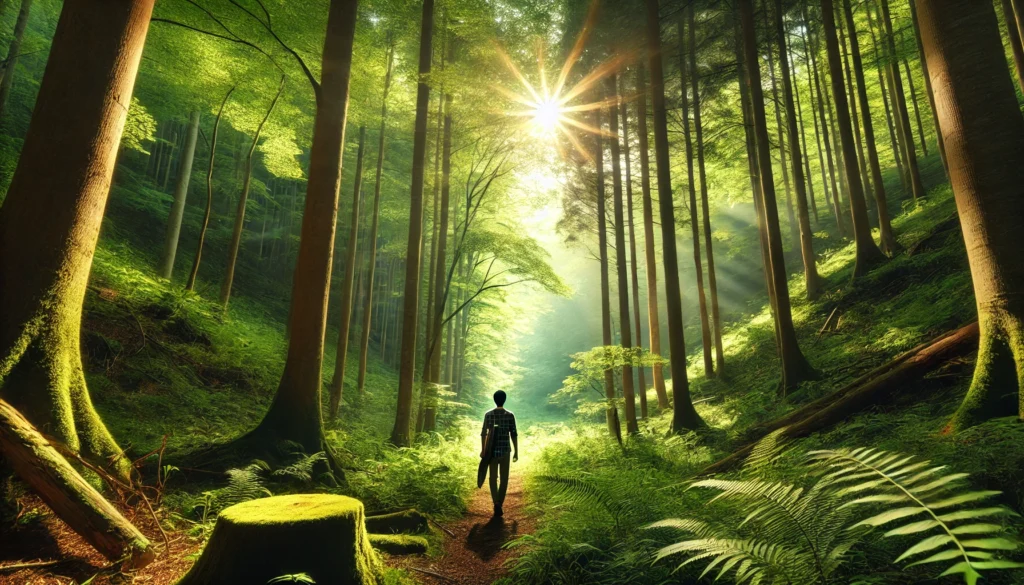 A person enjoying a peaceful walk in a lush green forest, using nature therapy as a method for pressure coping, surrounded by tall trees and sunlight filtering through the leaves.