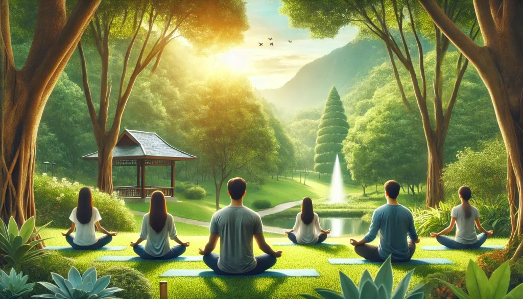 A group of people practicing guided meditation in a tranquil park, engaging in mindfulness techniques for pressure coping, with a serene natural background.