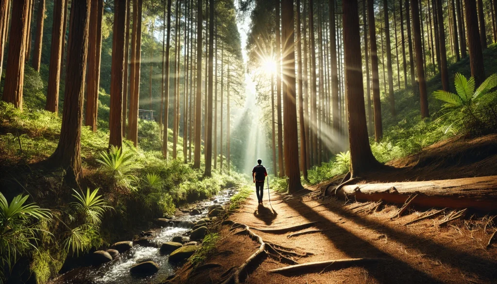 A scenic hiking trail where a person is walking peacefully among tall trees, symbolizing stress relief through nature and physical activity.