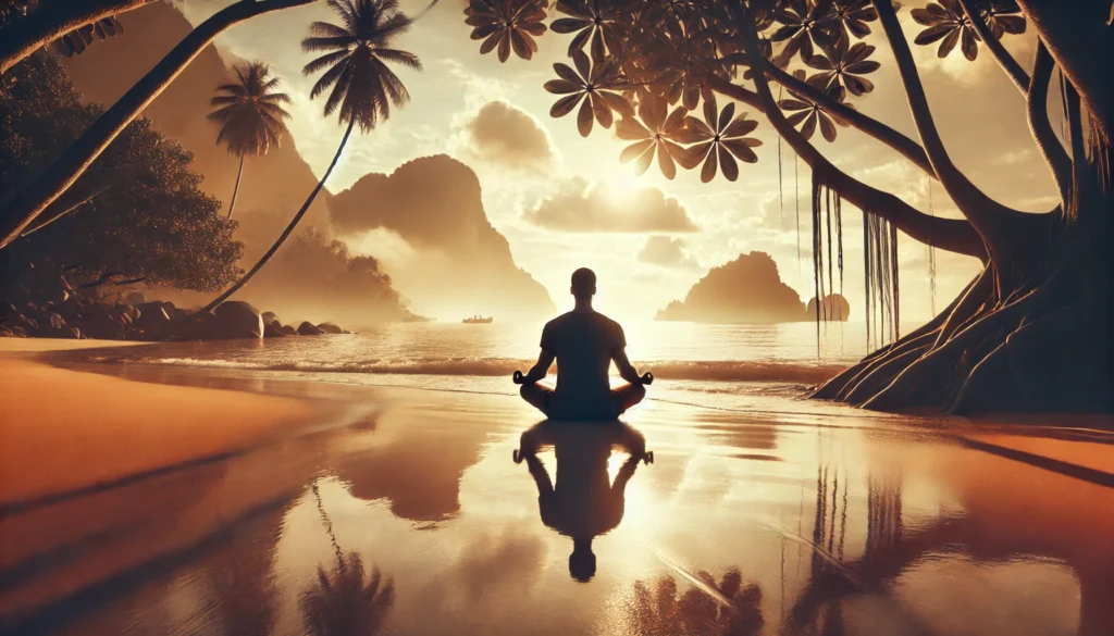 A tranquil beach scene where a person is practicing deep breathing exercises, representing stress relief through mindful breathing and relaxation.