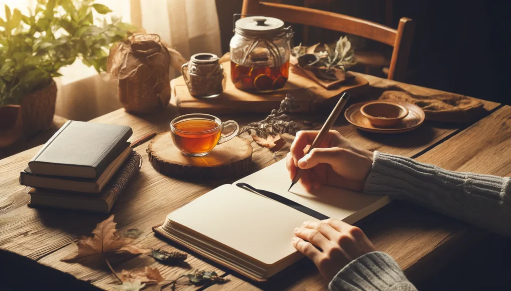 A cozy indoor setting where a person is journaling at a wooden desk with a cup of tea, symbolizing stress relief through writing and reflection.