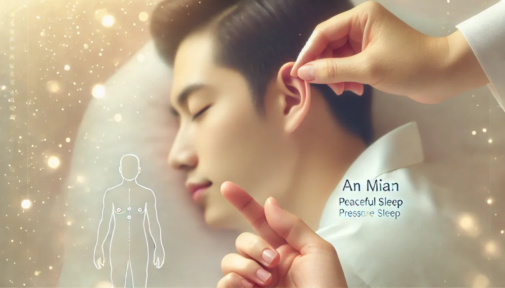 A tranquil scene of a person pressing the An Mian (Peaceful Sleep) pressure point behind the ear, commonly used to enhance sleep quality and reduce anxiety. Best pressure points for insomnia and deep relaxation.

