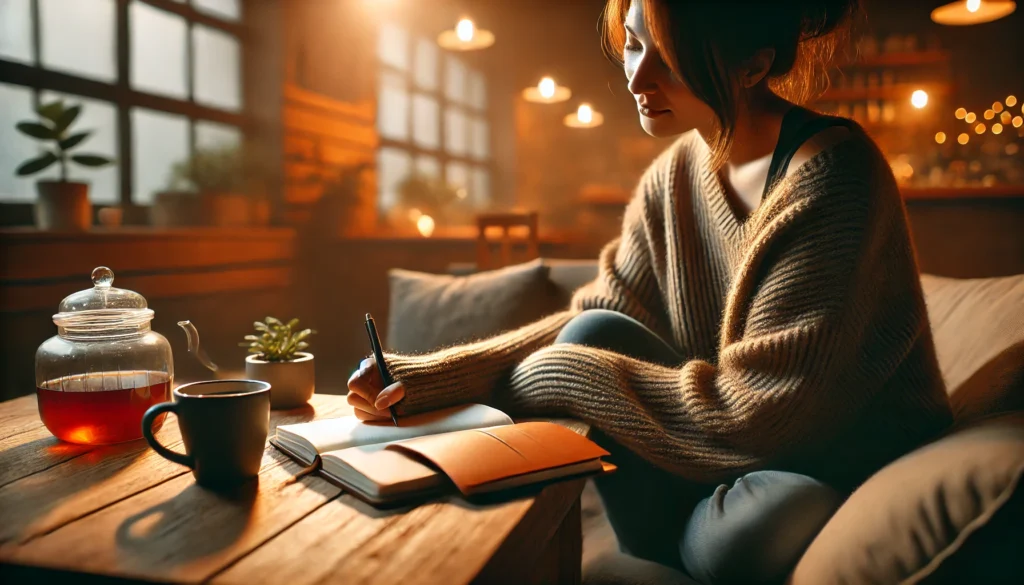 "A cozy indoor setting where a person is journaling their thoughts to quickly relieve stress and anger. The person is sitting comfortably at a wooden desk with a cup of tea nearby, writing in a notebook with a relaxed expression. Warm lighting and a peaceful ambiance enhance the calming effect."