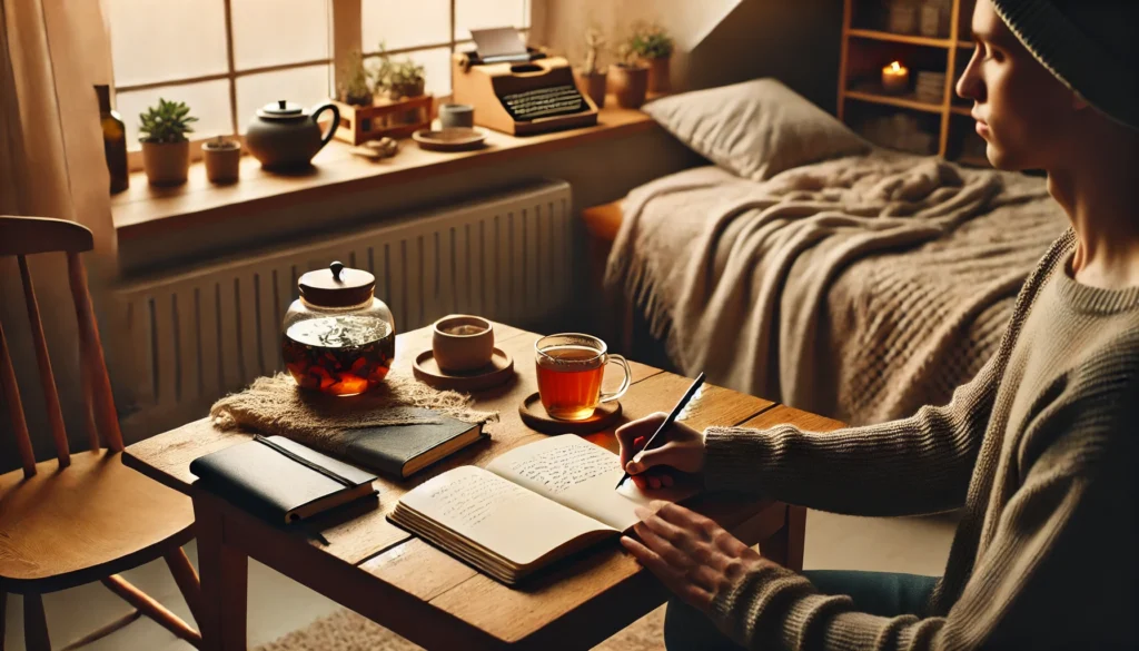 A cozy indoor space where a person is journaling as a tool to manage stress and panic attacks. The individual is sitting at a wooden desk, writing in a notebook with a cup of herbal tea beside them. The room has soft lighting, a warm blanket, and a peaceful atmosphere.