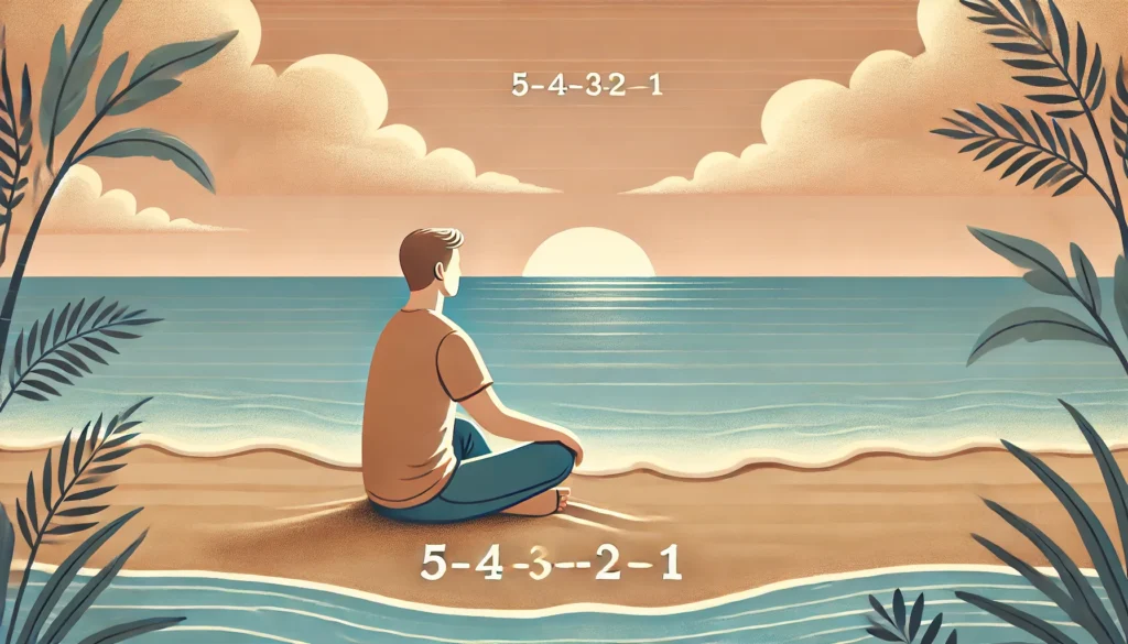 A tranquil beach setting where a person is using the 5-4-3-2-1 grounding technique to calm a panic attack. The individual is sitting on the sand, gazing at the ocean, touching the sand, and focusing on their breathing. The background features gentle waves and a soft sunset sky.