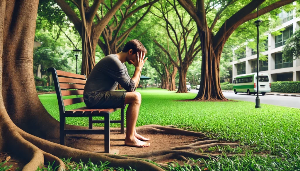 A serene outdoor park scene where a person is grounding themselves to manage a panic attack. The individual is sitting on a bench, barefoot, with hands on their knees, practicing mindfulness. The park is lush and green, with trees and a calming atmosphere.