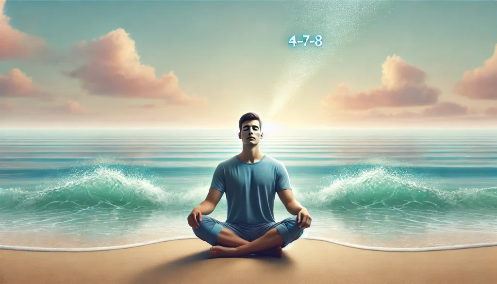 "A tranquil beach setting where a person is practicing the 4-7-8 breathing technique for anxiety relief. The individual is sitting comfortably on the sand, eyes closed, with a relaxed posture, focusing on slow, deep breaths. The background features gentle ocean waves, a soft sunset, and a calm atmosphere that enhances the feeling of relaxation."