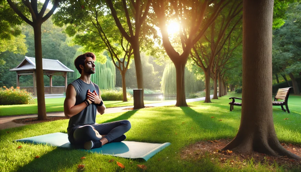 "A serene outdoor park scene where a person is practicing box breathing for anxiety relief. The individual is sitting on a yoga mat, eyes closed, with one hand on their chest and the other on their abdomen, focusing on slow, controlled breaths. The setting is peaceful, with lush green trees, a gentle breeze, and soft sunlight filtering through the leaves."