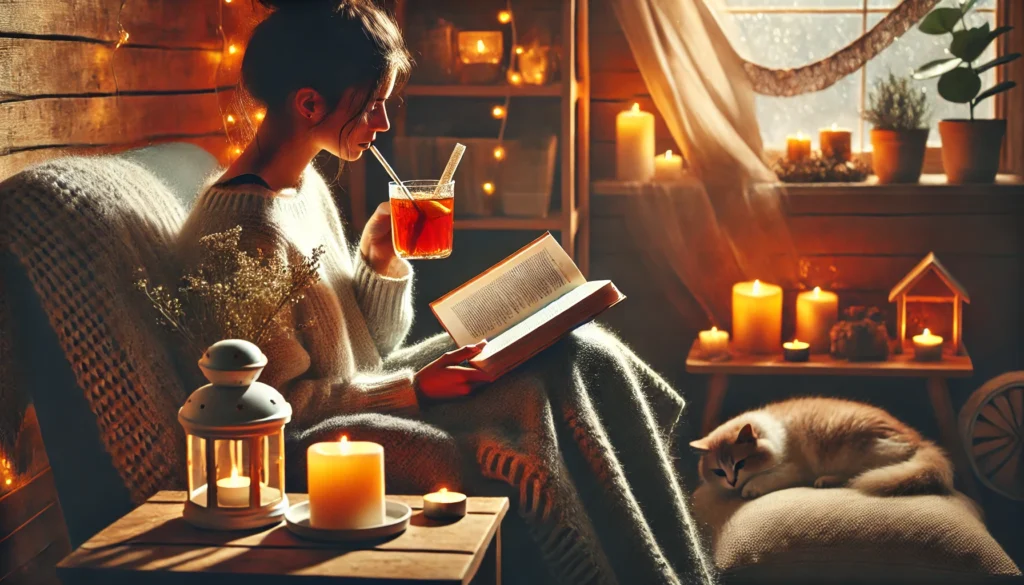 A cozy indoor space – A person wrapped in a warm blanket, sipping herbal tea while reading a book, with candles and string lights creating a relaxing atmosphere, and a cat curled up nearby.