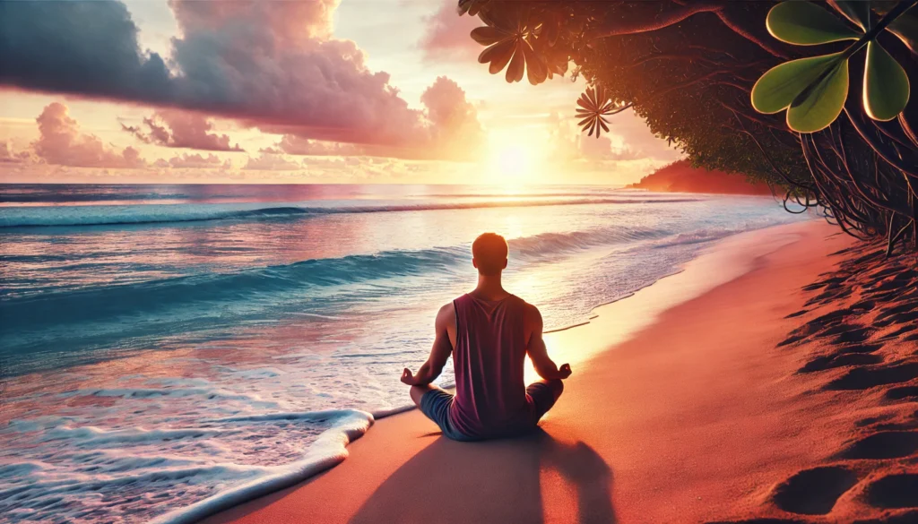 A tranquil beach setting – A person practicing mindfulness on the sand, facing the ocean during sunset, with waves gently lapping the shore.