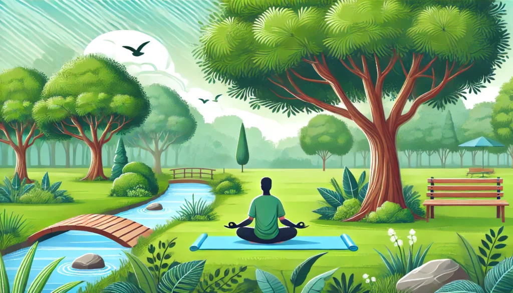 A serene outdoor park – A person sitting on a yoga mat under a large tree, meditating amidst lush greenery with a gentle stream and birds in the background.