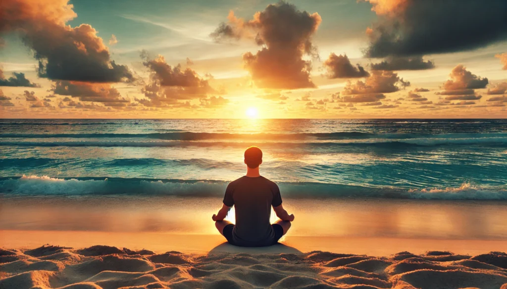 "A serene beach setting where a person is practicing deep breathing exercises while sitting on the sand. The ocean waves gently roll in the background, and the sky displays warm hues of a setting sun."