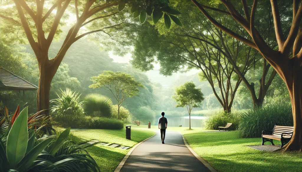 "A tranquil outdoor park setting where a person is taking a mindful walk, surrounded by lush greenery and a peaceful atmosphere. Sunlight filters through the trees, casting soft shadows on the walking path."