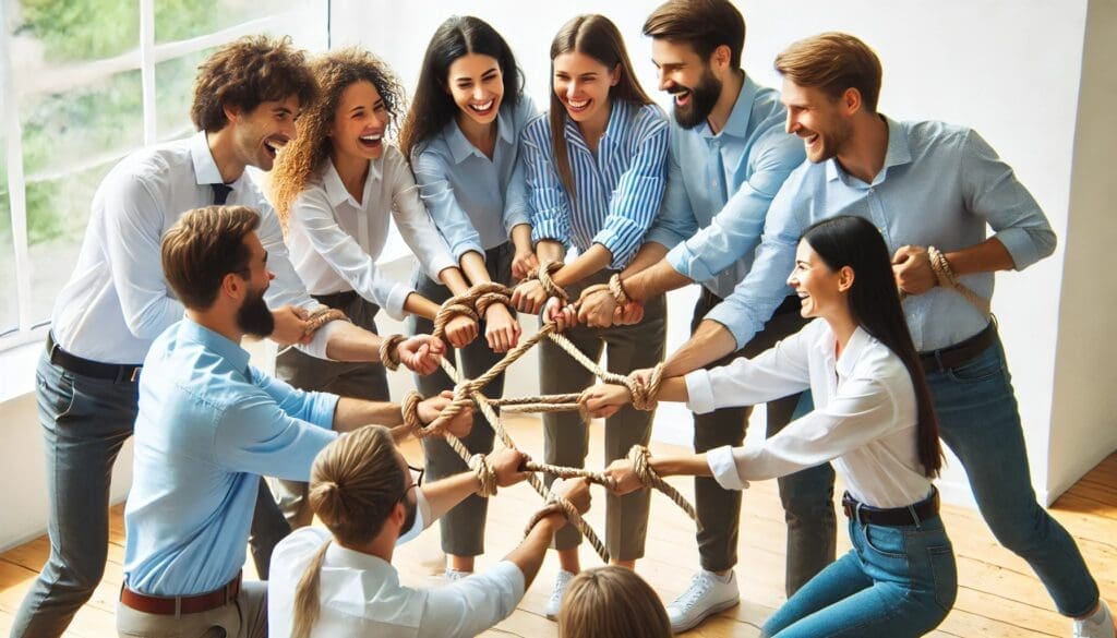 Team-building exercise with coworkers solving the Human Knot challenge, promoting communication, teamwork, and strategic thinking.