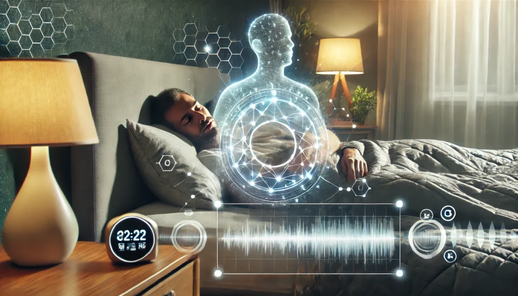 Is there data for sleep affecting you? A serene bedroom with a sleeping individual, featuring a futuristic transparent overlay of sleep cycle data, showcasing how technology enhances sleep monitoring and optimization