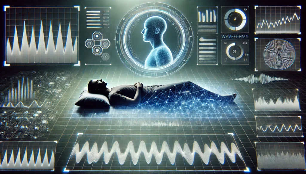 Is there data for sleep affecting you? A futuristic conceptual representation of sleep data analysis, depicting a sleeping human silhouette encircled by digital graphs, waveforms, and biometric patterns, emphasizing scientific insights into sleep health.