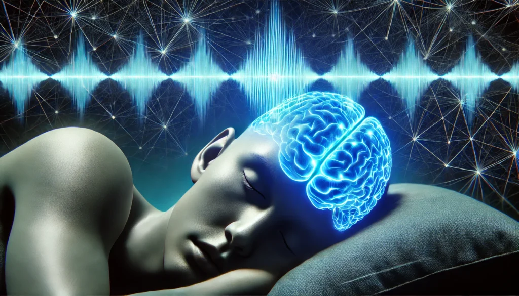 Visualization of delta waves in the brain during deep sleep, showing how deep sleep appears to play an important role in cognitive function and memory retention