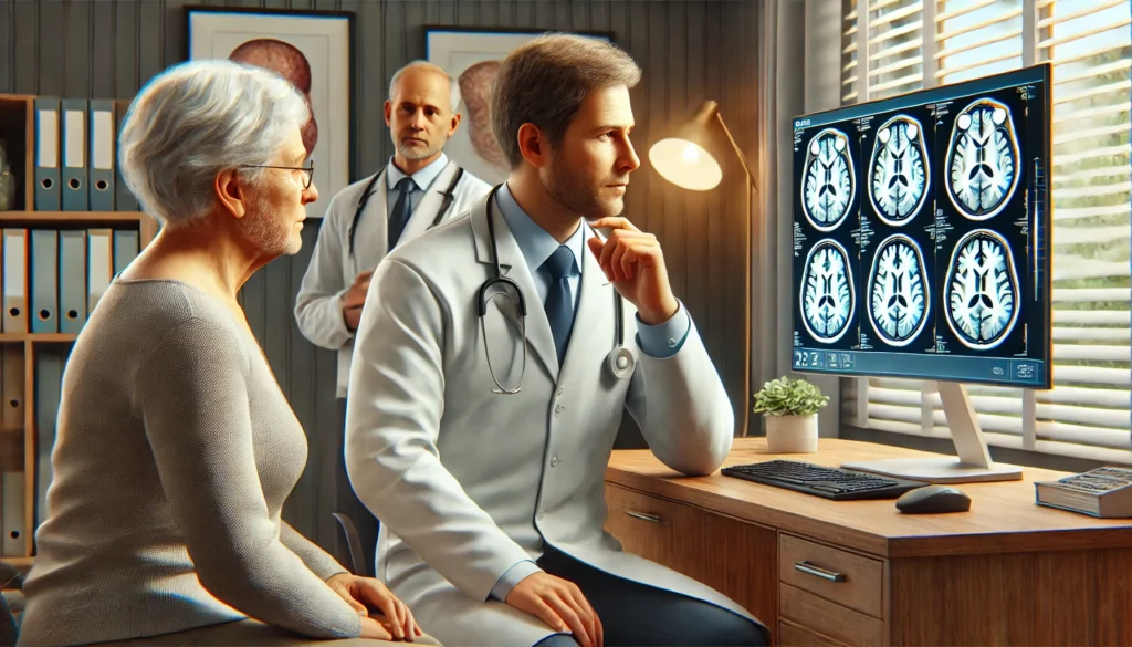 Medical consultation for dementia diagnosis—doctor reviewing brain scans with an elderly patient and family