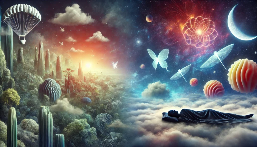 A surreal dreamscape illustrating the mysterious nature of dreams in both REM and NREM sleep. The contrast between structured and vivid elements emphasizes how different sleep stages contribute to dreaming