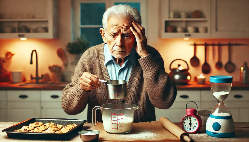 An elderly man in a kitchen appearing confused while holding a measuring cup, struggling to follow a simple recipe. A half-prepared meal sits on the counter in a cozy kitchen setting