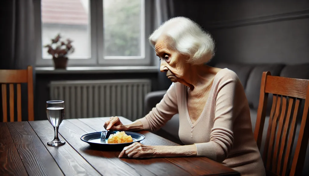 An elderly woman sitting alone at a dining table with untouched food, staring blankly at her plate