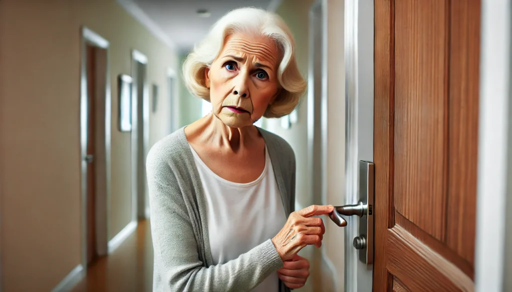 An elderly woman standing in front of a door, appearing disoriented and unsure of her surroundings. She holds the doorknob with a concerned expression, with a well-lit but unfamiliar hallway behind her.