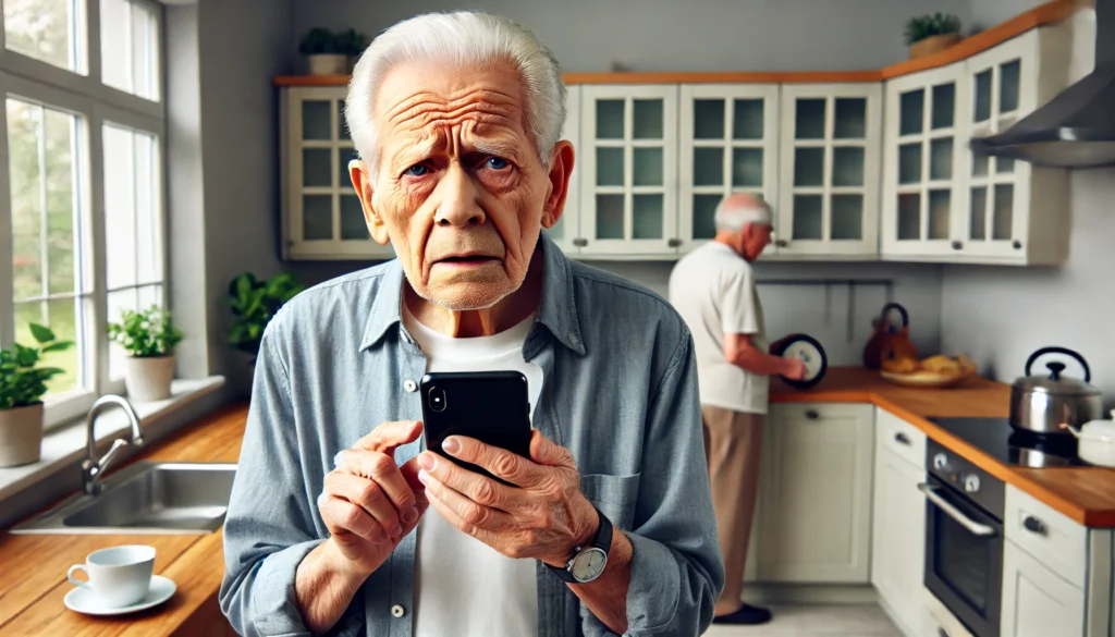 An elderly man in a modern kitchen, holding a phone with a confused expression, unsure of how to use it.