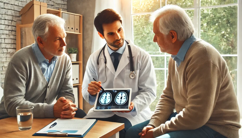 A caring nurse assists an elderly woman with a memory test in a comfortable home setting, emphasizing the importance of early dementia diagnosis