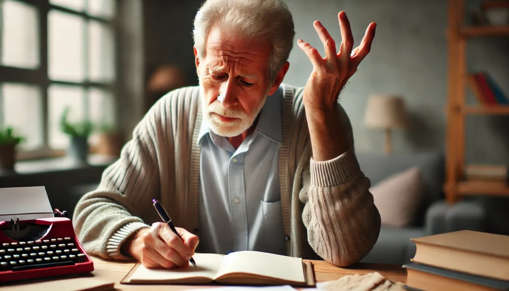 An elderly man sitting at a desk, looking frustrated as he tries to write in a notebook. His hand hovers over the page as if he has forgotten what he was about to write. The softly lit room contains books and scattered papers.