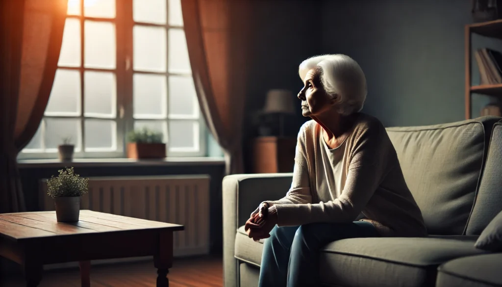 An elderly woman sitting alone in a dimly lit living room, gazing out the window with a distant, lonely expression.