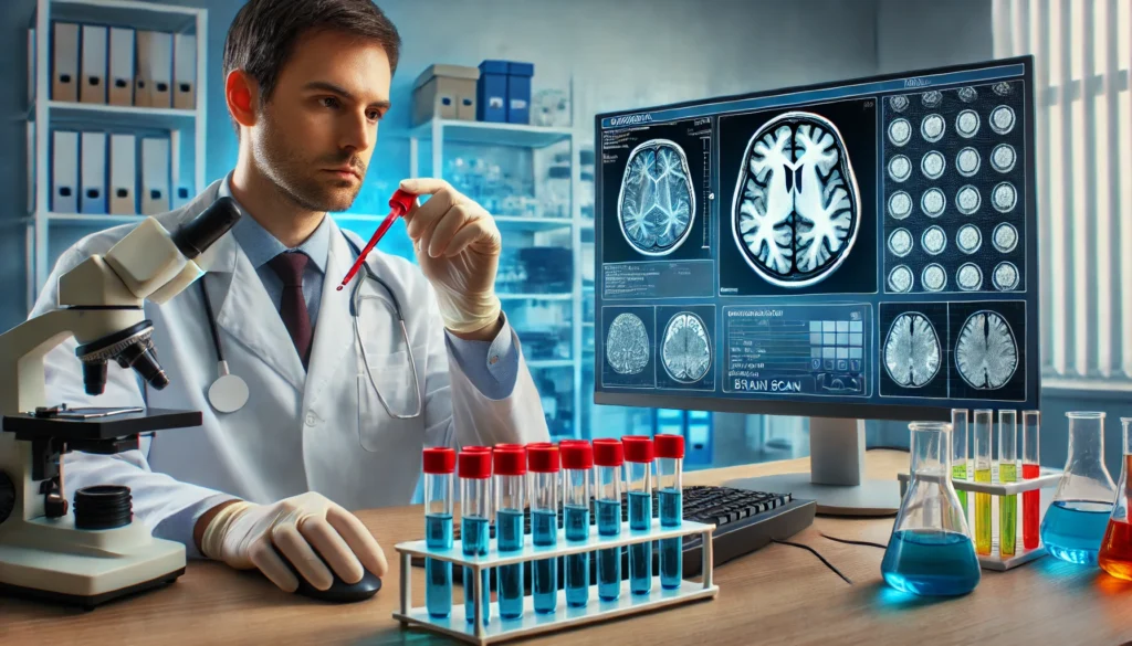 A researcher in a laboratory examines dementia-related biomarkers using advanced medical equipment, highlighting the role of science in early diagnosis.