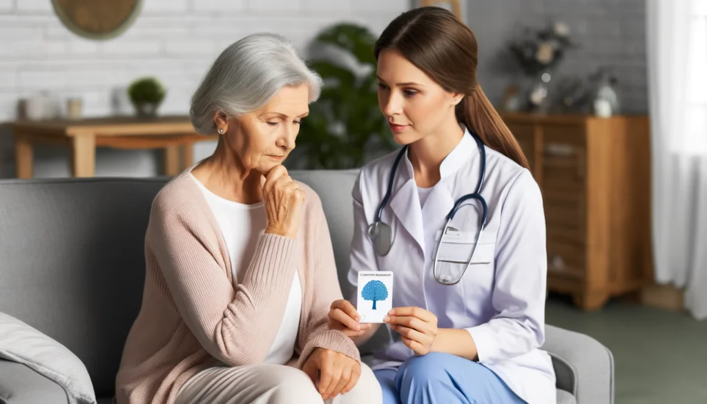 A doctor explains the early diagnosis of dementia to an elderly patient and their family using a brain scan on a tablet in a well-lit medical office