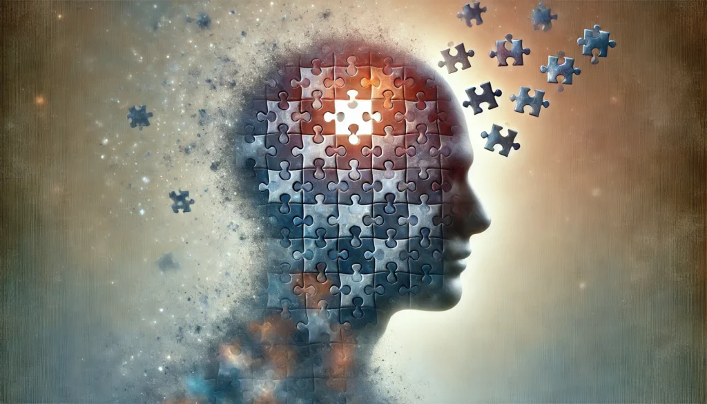 A fragmented human head with missing puzzle pieces floating away, representing the effects of neurocognitive impairment on memory and cognitive function