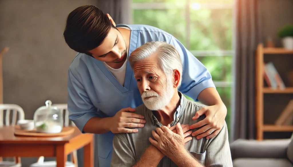 A compassionate caregiver helping an elderly person who looks lost and confused, illustrating the emotional toll of severe cognitive decline and dementia