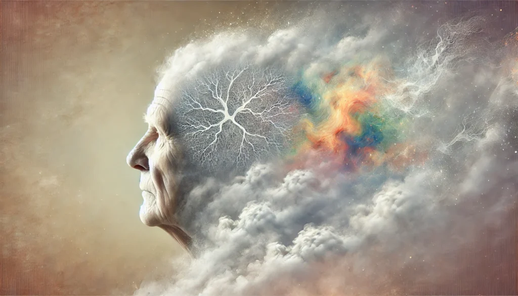 An elderly person's profile dissolving into mist and abstract neural patterns, symbolizing the gradual effects of neurocognitive impairment on memory and thought