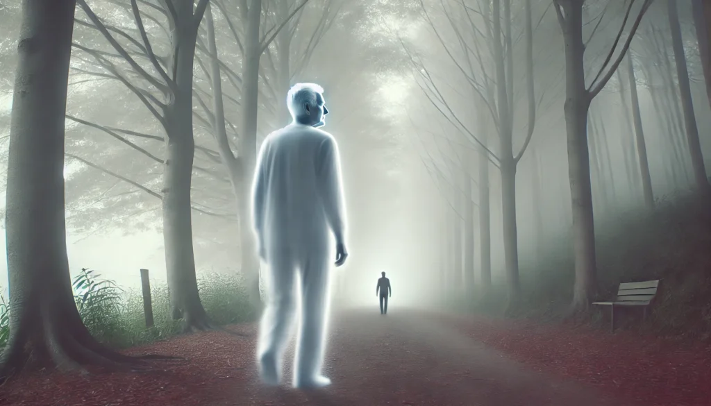 A conceptual representation of an elderly individual walking alone on a foggy path, symbolizing severe cognitive decline, fading memory, and disorientation