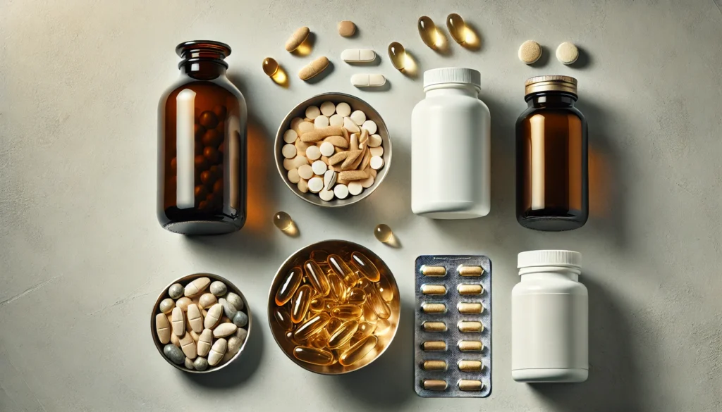 A high-quality image showcasing essential vitamins and minerals for Adderall users, including magnesium capsules, omega-3 softgels, B-complex pills, and zinc tablets. The supplements are arranged neatly on a clean, neutral background, with no bottles, text, labels, or branding.